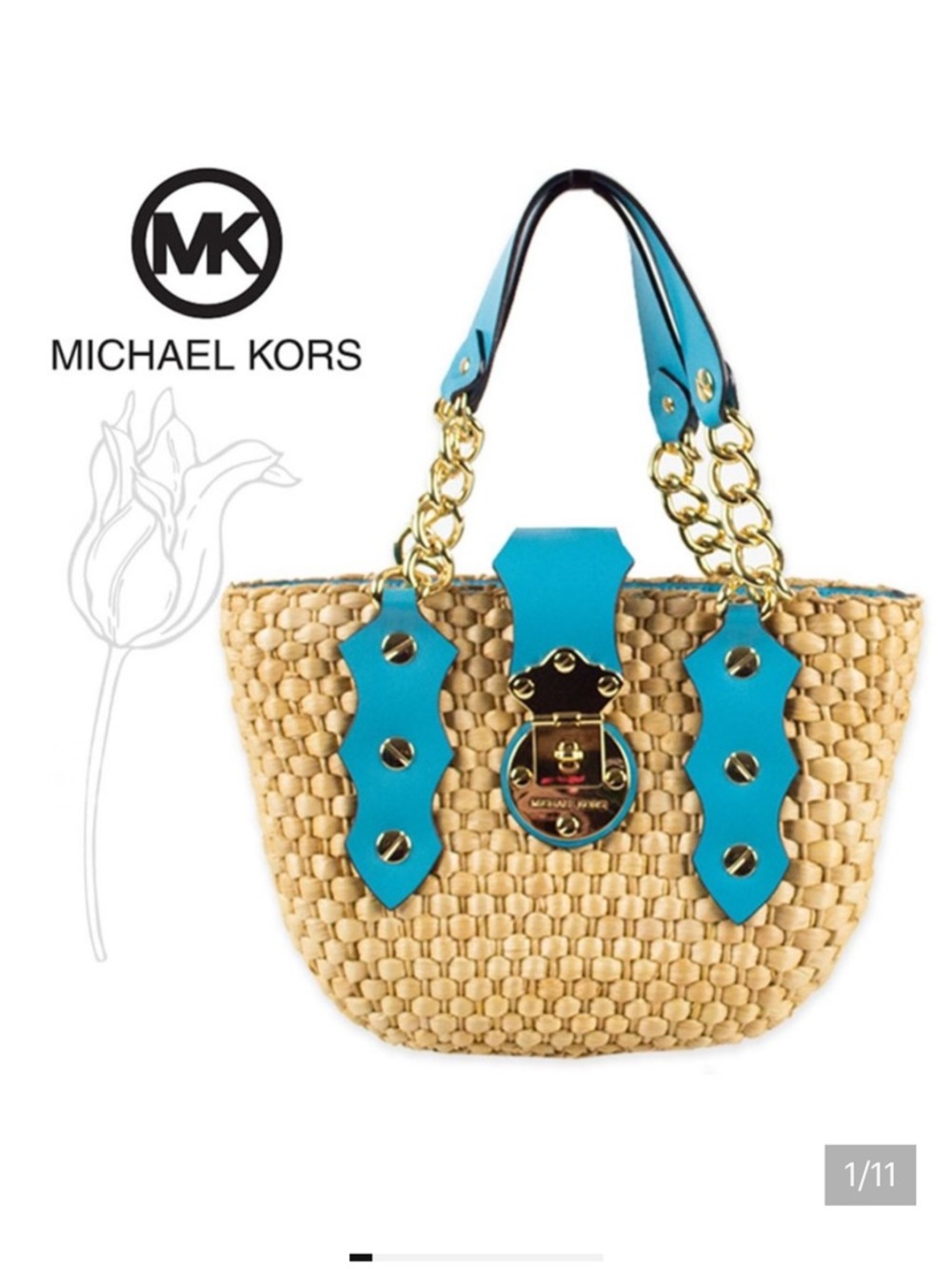Michael Kors Aqua-Trim Woven Straw Tote with Gold Hardware. Perfect for summer! - Picture 10 of 16